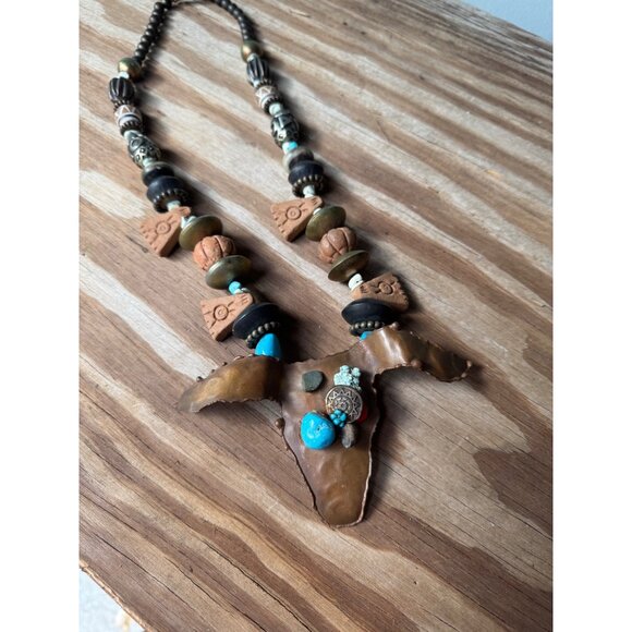 Handcrafted Boho Tribal Necklace With Bull Head Pendant Mixed Beads & Turquoise - Picture 6 of 6